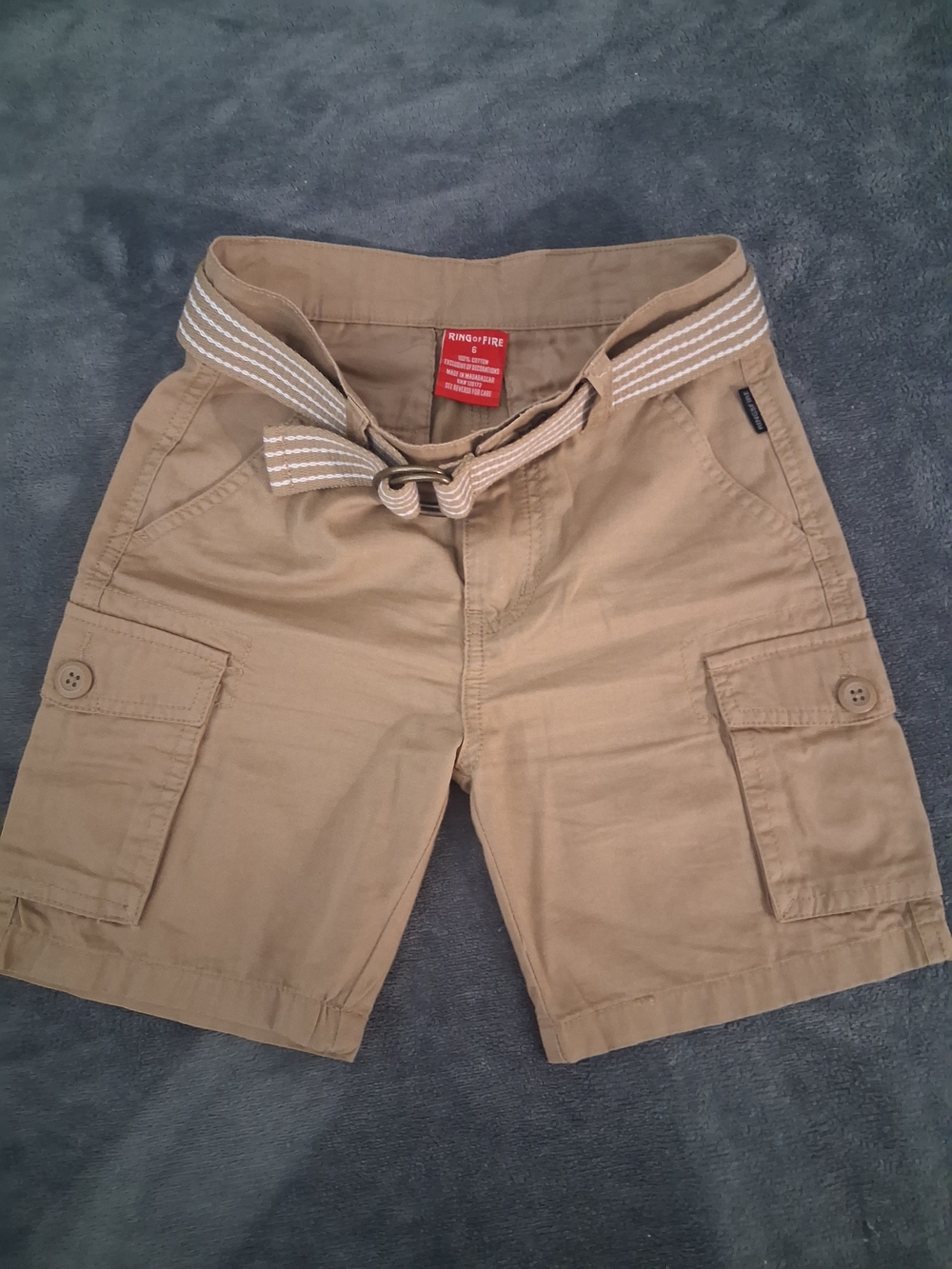 Ring of Fire Tan Cargo Shorts with Striped Web Belt